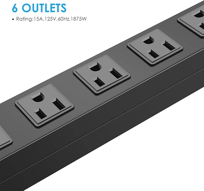 3Pack Metal Wall Mount Power Strip, Mountable Power Outlet with 6 AC Outlets, Aluminum Alloy Mount Power Socket with Switch, 6 FT SJT 3/C 14AWG Power Cord, 15A 125V 1875W (6AC)