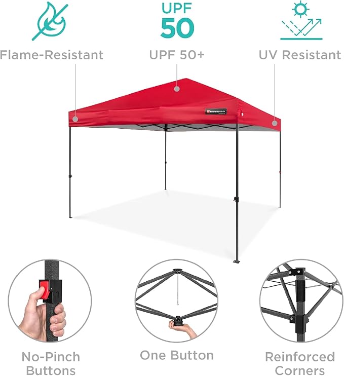 Best Choice Products 10x10ft 1-Person Setup Pop Up Canopy Tent Instant Portable Shelter w/ 1-Button Push, Case, 4 Weight Bags - Red