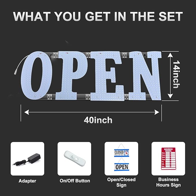 40'' x 14" LED Open Signs for Business, Super Bright Large Open Closed Sign with Hanging Installation, Light Up Sign for Bar Store Restaurant Office Hotel Salon (Red Green BlueYellow)