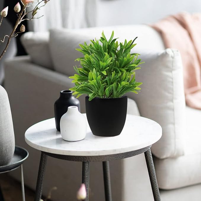 LELEE Artificial Potted Plants Mini Fake Plants, 4 Pack Medium Eucalyptus Potted Faux Decorative Grass Plant with Black Plastic Pot for Home Decor, Indoor, Office, Desk, Table Decoration