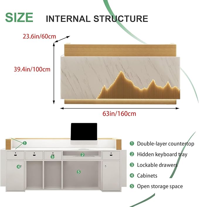Modern Reception Desk with Counter Front Reception Table with Hidden LED Lighting Commercial Receptionist Desk Wood and White Checkout Counter Fully Assembled and Ready to Use 63inch/160cm