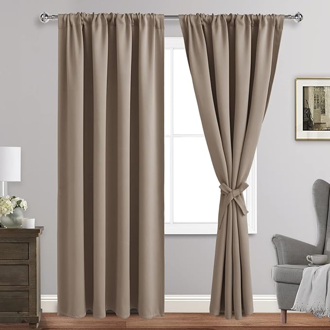 JIUZHEN Blackout Curtains for Bedroom - Thermal Insulated Room Darkening Noise Reducing, 70 x 84 Inch Length Curtains for Living Room, Set of 2 Panels with Tiebacks, Camel