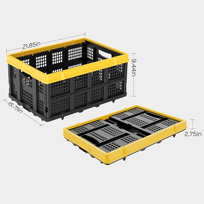 49L Collapsible Crate, Milk Crate for Storage, Foldable Storage Crate, Stackable Crate for Organizing for Home, Shopping, Camping, School, Office, Warehouse, Yellow