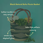Black Natural Picnic Basket, Reusable Grocery Bag, Kitchen & Dining Storage, Countertop Fruits Holder, Farmers Market, Beach, Harvesting, Foraging, Decorative, Wicker, Woven, Boho Style