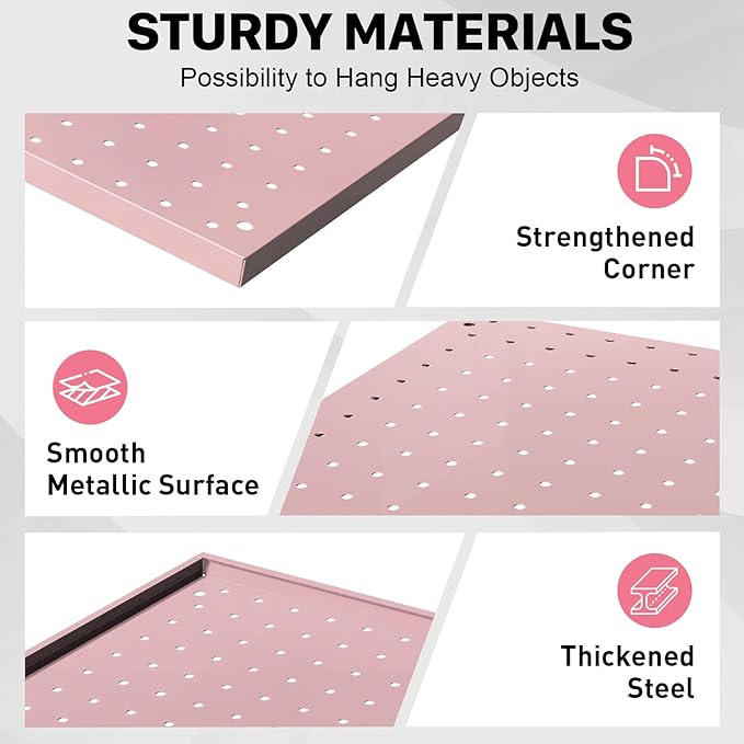 Peg Board, 4 Pack Metal Pegboard Panels Pink Pegboards Wall Organizer with Frame Large Heavy Duty Peg Board with Hooks for Walls Home, Garage Tool Storage, Office, Craft Room, Kitchen 24”×16”