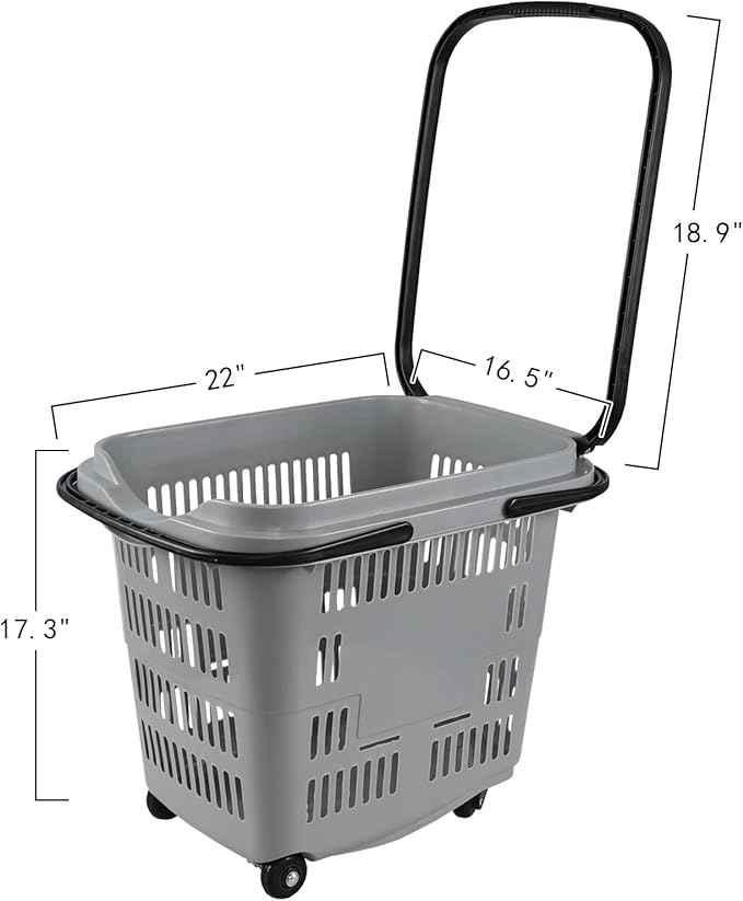 50 L Plastic Rolling Shopping Basket with Long Handle, Large Portable Retail Baskets Set for Groceries, 4 Packs