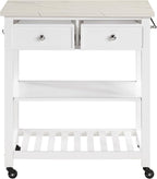 OSP Home Furnishings Litchfield Modern Farmhouse Kitchen Cart, Solid Wood Frame with Storage Drawers, Shelves, Locking Casters, White with Faux Marble Top