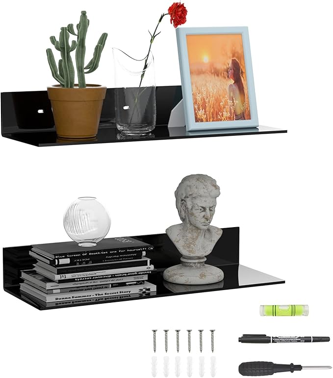 17 Inches Acrylic Wall Shelves 2 Pack, Floating Shelf for Wall Mounting, Acrylic Display Ledges for Funko Pop Figures, Home Décor, Living Room, Gaming Room, Plants(17 inch, Black)