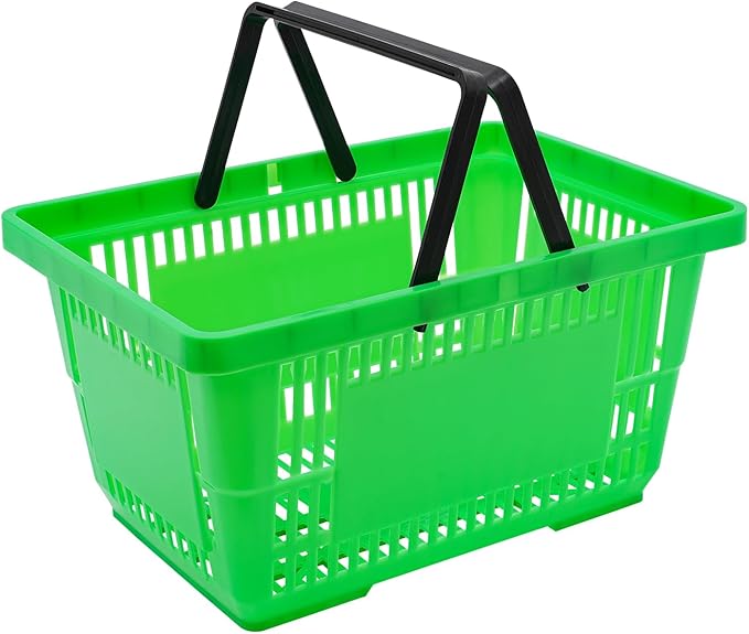 LOYALHEARTDY 12PCS Shopping Baskets with Handles, 21L Plastic Grocery Basket for Retail Store, Supermarket, Grocery Shopping |17" x 12" x 9" Portable Shop Basket (Green)