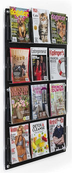 Displays2go Wall Pamphlet Display, Acrylic, 12/24 Adjustable Slots, Aluminum Standoffs - Black (2RP12BLK)