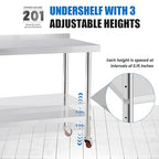 Stainless Steel Table for Prep & Work with 4 Caster Wheels with Backsplash 24 x 36 NSF Metal Commercial Kitchen Adjustable Under Shelf Worktable for Restaurant Home Outdoor
