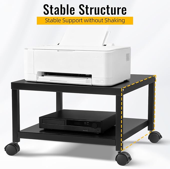 Under Desk Printer Stand with Wheels, 2-Tier Heavy Duty Rolling Cart with Storage Shelf, Industrial Printer Table for Printer, Scanner, Home, Office, Black