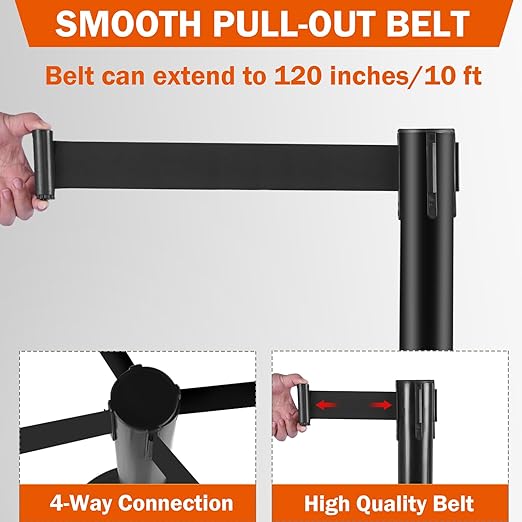 4 Pack Crowd Control Stanchion Set, Black Posts with 10FT Retractable Belt, Space-Saving Rectangular Heavy Base, Queue Barrier for Events & Traffic Management