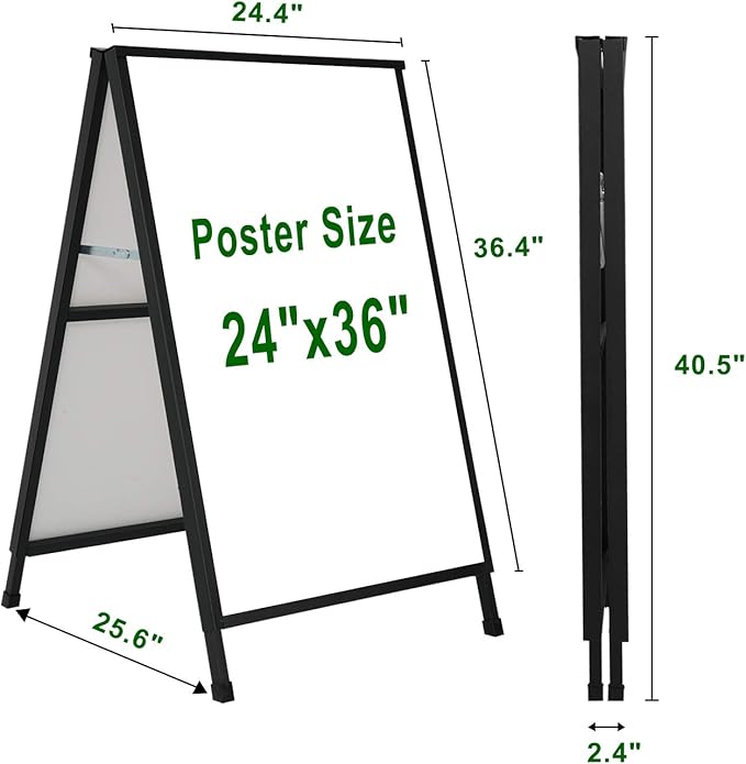 Heavy Duty A-Frame Sidewalk Sign 24 x 36 Inch, Portable Double-Sided Sandwich Board Slide-in Folding Metal Signboard with 2 Plastic Poster Boards