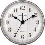 Presentime & Co 4" Farmhouse Tabletop Alarm Mantel Clock, Desk and Shelf Clock, Silent no Ticking, Light Grey Oak and Rusted Galvanized Finish. Tabletop Décor, Home Décor, Farmhouse Décor