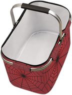 Collapsible Picnic Basket with Handle, Halloween Storage Box Aluminum Frame, Shopping Grocery Market Baskets Tote for Women,Harvest Farmers Baskets Camping Travel Portable Beach Bag (Red Spiders Web)