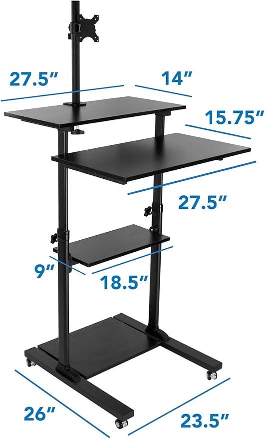 Mount-It! Mobile Computer Cart with Monitor Mount for Screen up to 32", Portable Desk on Wheels, Rolling Laptop Stand for Teachers, Office, Classroom, Rise up to 53", Podium, Keyboard Tray, Black