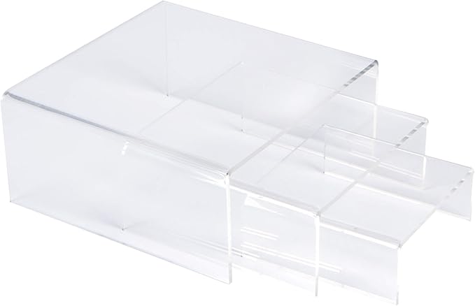 SimbaLux Acrylic Display Risers Clear Stand Set of 3 Small Low Profile Tiered for Showcasing Food, Cupcake, Dessert, Candy, Jewelry, Figurines, Photos, Retail & Home Decoration, Durable & Steady