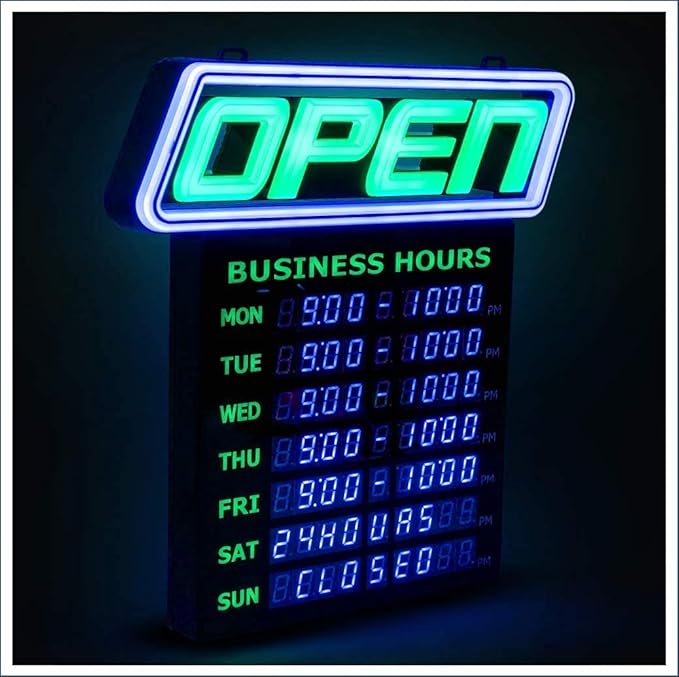 Super‑Bright LED Open Sign with Business Hours – Programmable App, 1000s of Color Combos, Neon Flash/Scroll Modes, Energy-Efficient Indoor Wall-Mount (15×16.5 in)