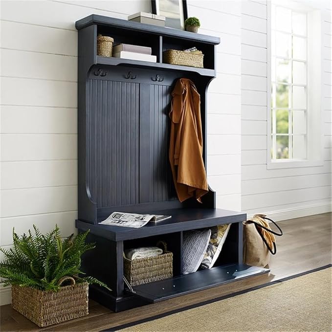 Pemberly Row Modern Wood 4 Hook Hall Tree in Distressed Navy