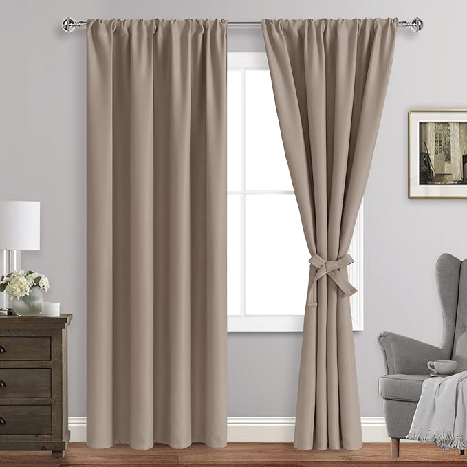 JIUZHEN Blackout Curtains for Bedroom - Thermal Insulated Room Darkening Noise Reducing, 42 x 96 Inch Length Curtains for Living Room, Set of 2 Panels with Tiebacks, Camel