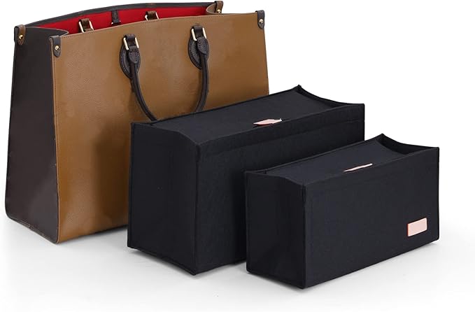 Doxo Purse Organizer Insert, Felt Bag Organizer Insert with Zipper, Tote Organizer Perfect for Lv Onthego MM & D Book Tote Medium (Black-With Cover)