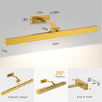 Picture Lights for Wall, 2PCS 24in Battery Operated Picture Light for Paintings CCT Dimmable Recharging Battery Wall Lamp with Remote Control for Living Room Gallery Dartboard Gold Color