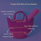 Purple Pink Picnic Basket, Reusable Grocery Bag, Kitchen & Dining Storage, Countertop Fruits Holder, Farmers Market, Beach, Harvesting, Foraging, Decorative, Wicker, Woven, Boho Style