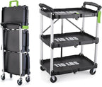 FUTURELAB Portable Folding Service Cart - 3 Tier 330LBS Capacity - Rolling Utility Cart Foldable with Wheels for Warehouse Home Workshops Garages Restaurants Offices (Green)