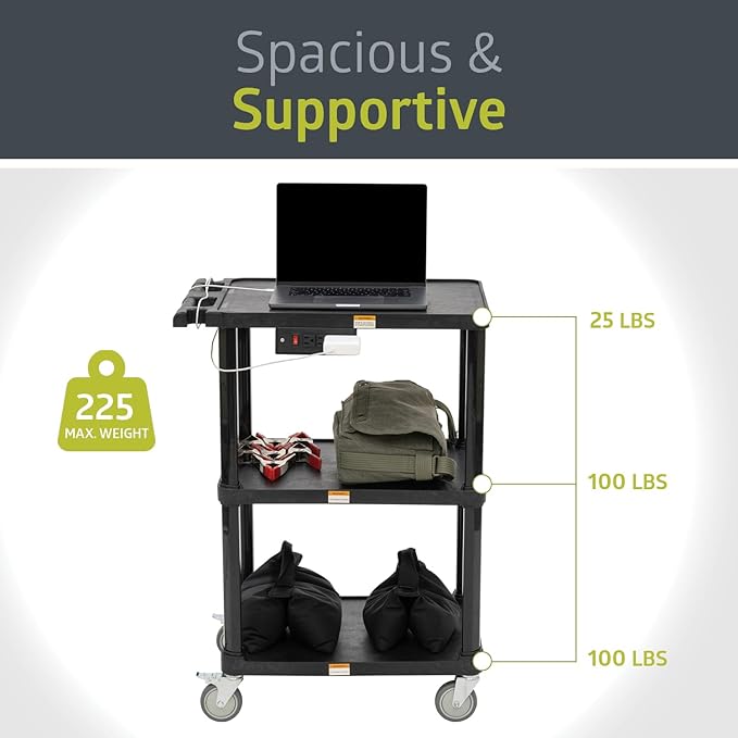 Pearington 3-Shelf Mobile Utility Cart with 3 Outlets and 8' Cord, Heavy-Duty Service Cart for Offices and Warehouses with 3 Shelves, Black
