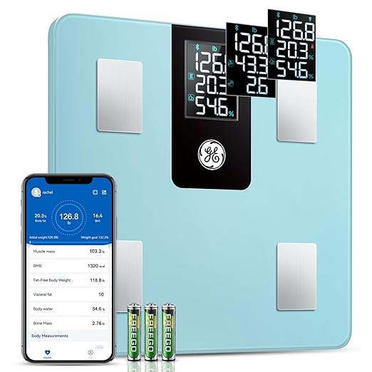 GE Smart Scale for Body Weight BMI Fat Muscle Mass with 14 Body Composition Metrics & All-in-one LCD Display, Digital Bathroom Weight Monitor Bluetooth with App, Accurate Weighing Machine 400lb Blue