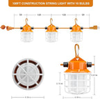 NS 100FT Construction String Lights 150W LED Industrial Grade 15000LM 5000K IP65 Linkable for Construction Sites, Temporary Work, Renovation, Jobsite,All Outdoor Lighting, with 10 Bulbs and Hook