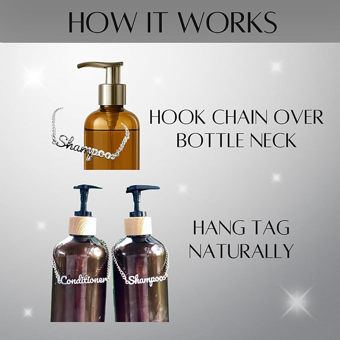 Stylish Metal Shampoo & Conditioner Dispenser Label Tags – 2-Piece Silver Handwritten Script Zinc Alloy Bottle Tags for Shower Dispensers