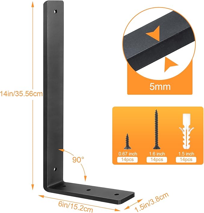 Floating Shelf Bracket 14 Inch, 8 Pack Heavy Duty Shelf Brackets, Black Wall Shelf Bracket for DIY Decorative with Mounting Hardware