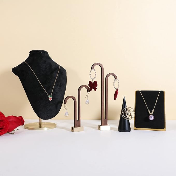 GemeShou 2 pcs walnut earring display stands for selling, cute earring hanger, wood hanging earring holder for boutique display【Y shape rectangle base-2pcs】