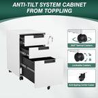 Mobile File Cabinet,3 Drawer Locking Storage Filing Cabinet,Office Metal Storage Cabinet on Wheels for Legal/Letter/A4 File(Fully Assembled，White)