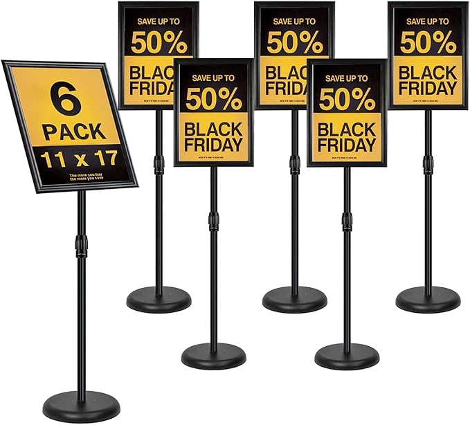 Adjustable Sign Stand for Display, Pedestal Floor Signage Stand Holder with Heavy Duty Base, for Outdoor or Indoor Advertising (11 x 17, Black, 6Pack)