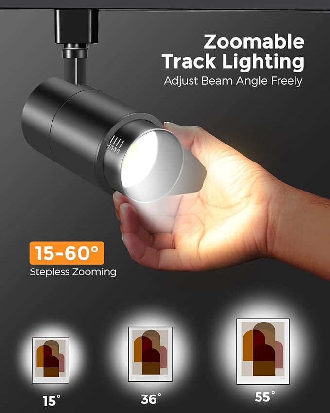 VANoopee 3-Color Zoomable 20W LED Track Lighting Heads H Type Track Light Heads Dimmable Bright Ceiling Spotlight Fixtures for Kitchen, 3000K 4000K 5000K Adjustable, CRI90+ 15°-60° 2000lm Black 6 Pack