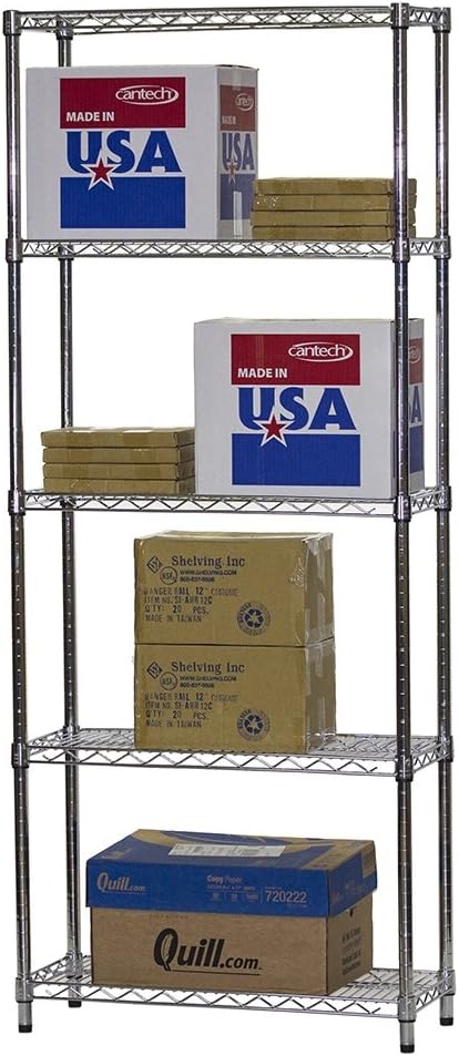 Shelving Inc. 12" d x 30" w x 64" h Chrome Wire Shelving with 5 Tier Shelves, Weight Capacity 800lbs Per Shelf