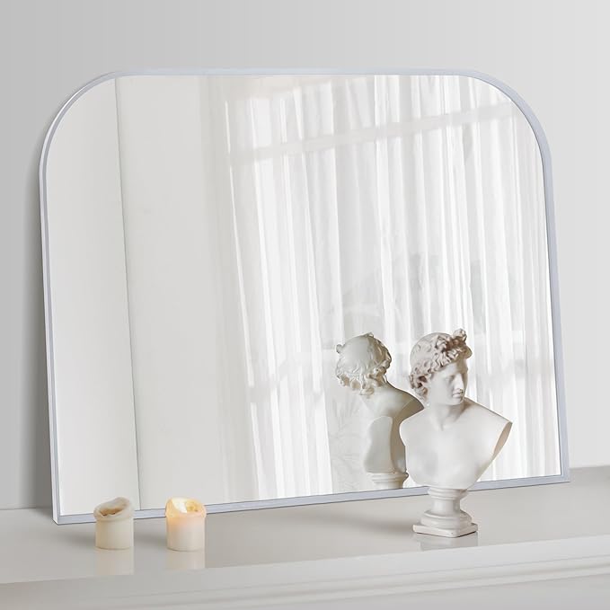 Modern Large Wall Mirror, Modern Mantel Minimalist Home Decor, Brushed Silver Metal Framed Arched Mirror for Living Room, Bedroom, Fireplace, Mantle, Entryway, Bathroom, 36" x 30", Silver