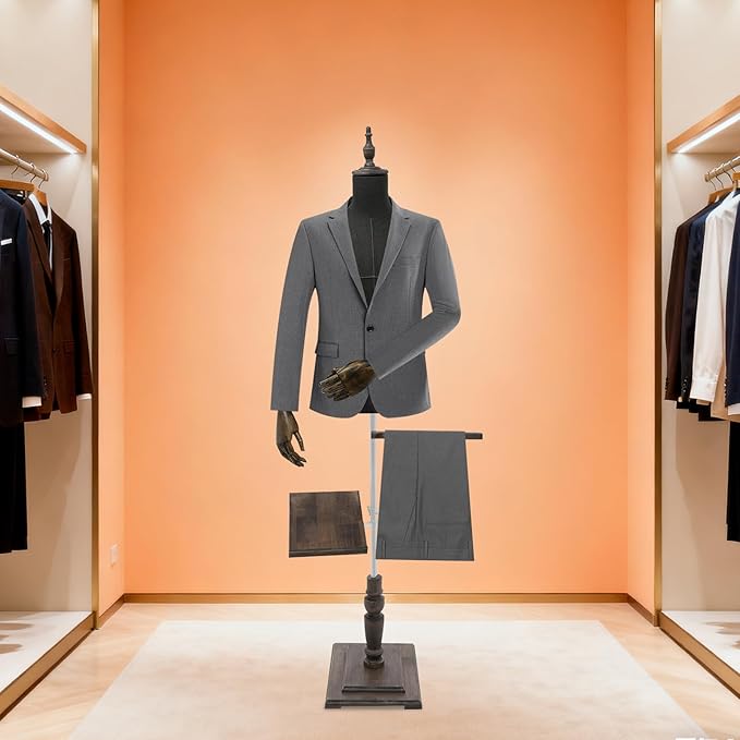 Male Clothing Display Racks, Height Adjustable Clothing Store Clothing Props with Stand and Solid Wood Arm, Male Mannequin Torso for Market Shop Window Display (Dark Grey)