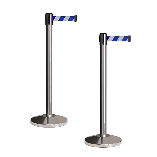 CCW Set of 2 Retractable Belt Barriers Stanchion, Polished Stainless Steel Post, RBB-100 (9 Foot Belt, Blue and White Diagonal Belt)