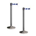 Crowd Control Warehouse CCW Set of 2 Retractable Belt Barriers Stanchion, Polished Stainless Steel Post, RBB-100 (11 Foot Belt, Blue and White Diagonal Belt)