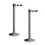CCW Set of 2 Retractable Belt Barriers Stanchion, Polished Stainless Steel Post, RBB-100 (7.5 Foot Belt, Blue and White Diagonal Belt)