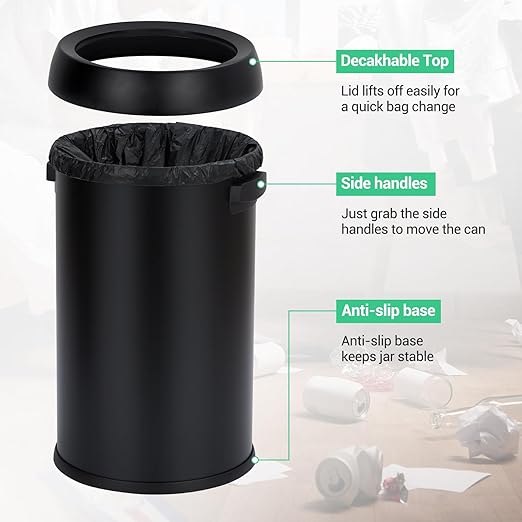 TrailBlaze 65L/17 Gallon Commercial Kitchen Trash Can - Stainless Steel, Open Top, Heavy Duty, Large Capacity Rubbish & Recycling Bin for Home, Office, Restaurant - Black Matte Open