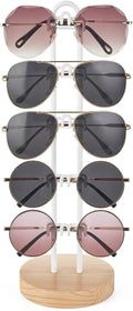 Mkono Sunglasses Organizer Glasses Holder Stand Sunglass Storage Eyeglasses Rack Metal Frame with Wood Base for 5 Pairs of Eyewear Display for Table Desk Countertop Dresser Bedroom (1, Wood)