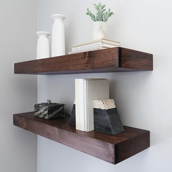 Urbandi Modern Floating Shelves 3 Inches Thick for Wall, Wide Shelves for Kitchen, Living Room, Bedroom, and Bathroom, Natural Pine Wood, Rustic Wooden Shelf, (Set of 2) (Provincial, 60Lx3Hx6D)