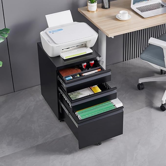 Lispin 3-Drawer Mobile Filing Cabinet with Lock, Office Storage Filing Cabinet of Legal/Letter Size, to be Installation Required (Black + Metal)