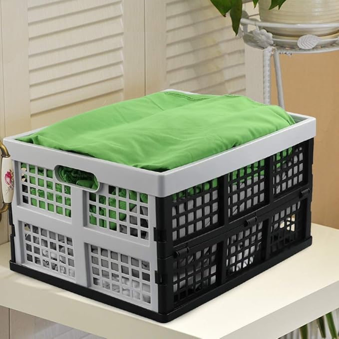 Hespapa 35 Quart Folding Crates, Plastic Collapsible Storage Container Milk Crate Baskets, 2 Packs