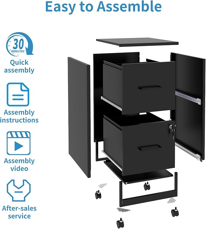 2 Drawer File Cabinet with Lock,Small Rolling Metal Office Storage Mobile Filing Cabinet with Wheels Under Desk,Vertical Locking File Cabinets for Home Office,Required Assembly,White